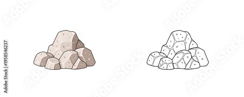 Pile of rock salt mineral crystals vector illustrations shown in colored cartoon and black outline linear styles, pale white and light grey mineral tones, representing natural halite on white backgrou