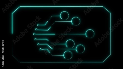 Neon Circuit Board Design with Nodes and Connections on animated Black Background abstract blue