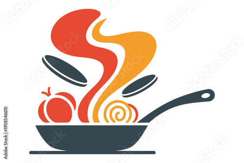 Cooking food in frying pan with steam and ingredients on checkered background vector illustration