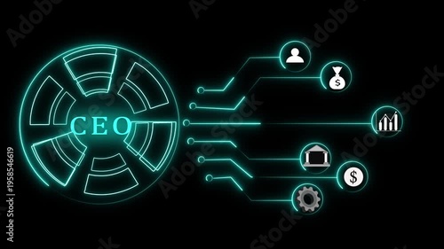CEO Concept with Icons for Finance and People on Neon Circuit animated Background abstract
