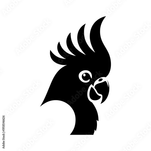 Logotipo con dibujo sencillo con silueta de la cabeza de perfil de un loro con las plumas erizadas