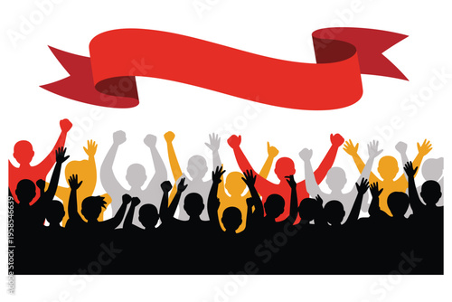 Crowd of cheering people celebrating with large red ribbon banner above isolated background
