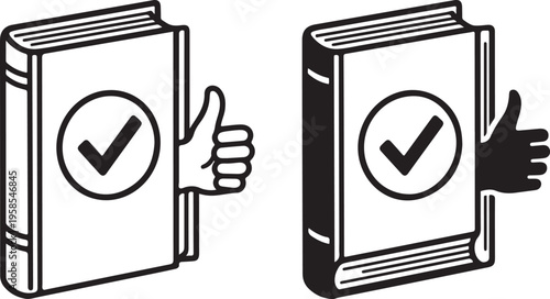 Book icon with thumbs up and check mark - vector art for learning and success concepts with thumbs up