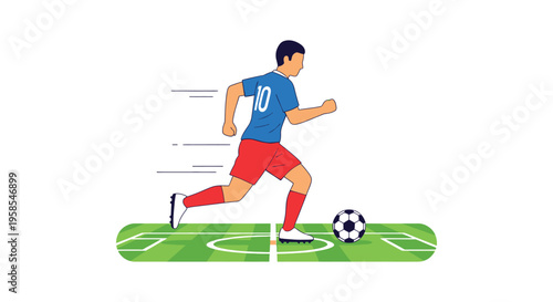 A vibrant illustration depicts a soccer player in motion dribbling a ball on a green field silhouette high quality professional detailed