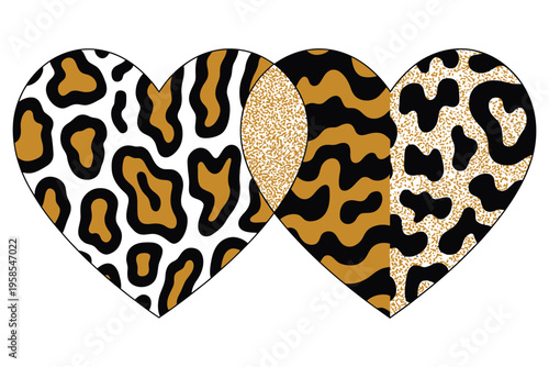 Intertwined leopard print hearts vector illustration featuring wild animal skin textures and golden glitter accents for romantic valentine