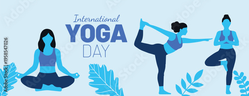 International yoga day banner with women doing various poses illustration promoting wellness and fitness for social media cover,  banner website header template design