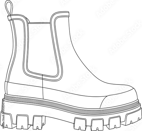 Technical Flat Vector Illustration of a Women's Chunky Chelsea Boot, Ankle Boot Template for Fashion Design, Footwear Sketch, and Mockup