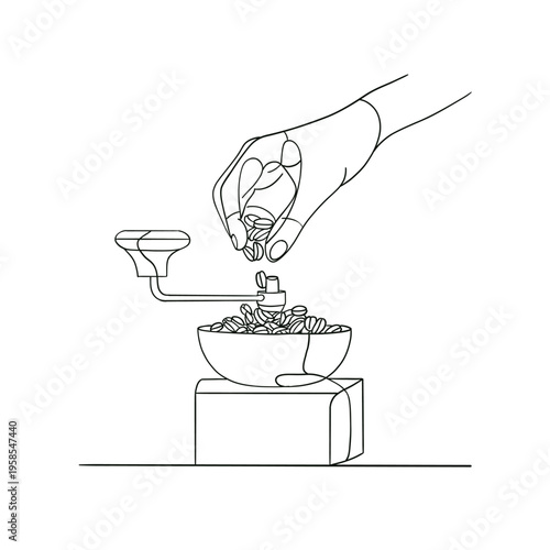 Minimal line art vector illustration of a hand pouring coffee beans into manual grinder. Clean black and white drawing showing coffee preparation process. Perfect for cafe, barista, coffee, brewing 