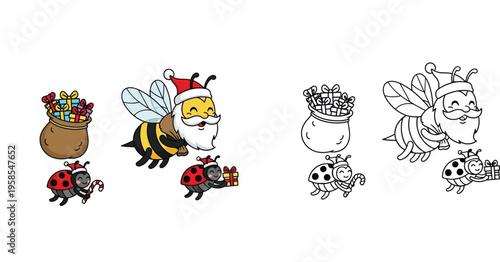 Christmas Bee Santa and Ladybugs with Gifts and Candy Canes - Coloring Page