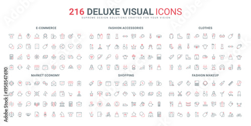 Clothes and accessory for kids, men and women, make up and shopping, ecommerce support sales line icon set. Stock market, economy and contract thin black and red outline symbols vector illustration