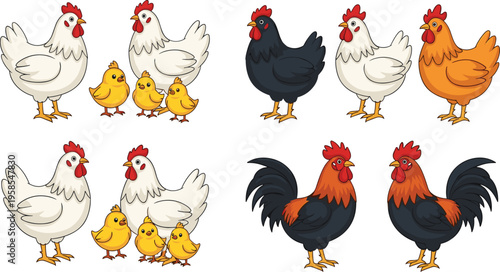 Chicken and rooster illustration set featuring hens, chicks, and farm poultry animals with different poses and colors in detailed flat vector style