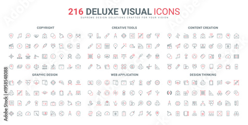 Graphics, creative designer vision, ownership and copyright line icon set. Software settings, tools to edit, create video and audio content thin black and red outline symbols vector illustration