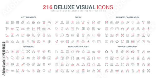 Teamwork and agreement, cooperation for business growth, community, city line icon set. Office instruction and workplace culture of busy employee thin black and red outline symbols vector illustration