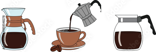 Coffee brewing illustration set featuring pour over, moka pot, and carafe methods with fresh brewed coffee concepts in flat vector style