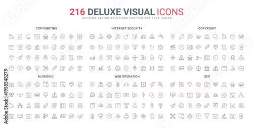 Internet security, digital operation in web, copyright, blog and vlog content creation line icon set. SEO and marketing, copywriting tools thin black and red outline symbols vector illustration