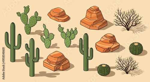 Desert Landscape Elements: Cacti, Rocks, and Dry Bushes