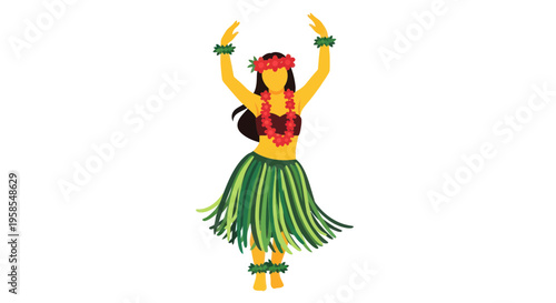 Hawaiian Hula Dancer Woman Performing Traditional Dance with Flower Lei and Grass Skirt