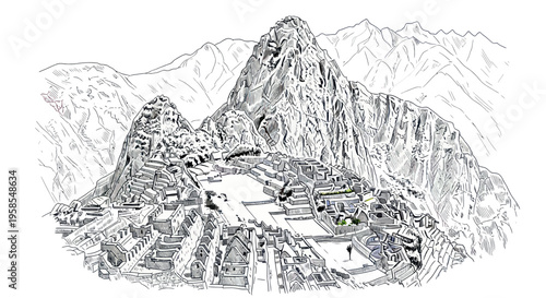 Machu Picchu Inca Citadel in Andes Mountains, Peru - Hand Drawn Sketch