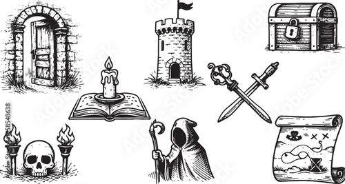 Fantasy RPG Game Assets Vector Set with Medieval Castle Tower, Treasure Chest, Skull and Magic Scroll