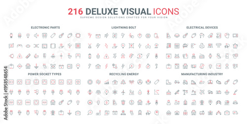Electricians tool and equipment, parts, lightning line icon set. Recycling idea, sustainable energy and industry, different socket and plug types thin black and red outline symbols vector illustration