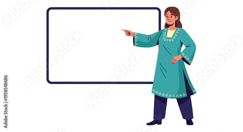 A woman in teal clothing points towards a blank white board presented in a flat vector silhouette high quality professional detailed