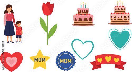 Mother and child with cake tulip hearts and mom badges woman