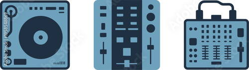 Audio production icons, mixers, synthesizers, DJ equipment, soundboards, music creation tools, recording studio symbols