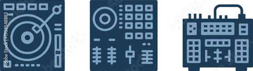 Audio production icons, mixers, synthesizers, DJ equipment, soundboards, music creation tools, recording studio symbols
