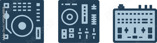 Audio production icons, mixers, synthesizers, DJ equipment, soundboards, music creation tools, recording studio symbols