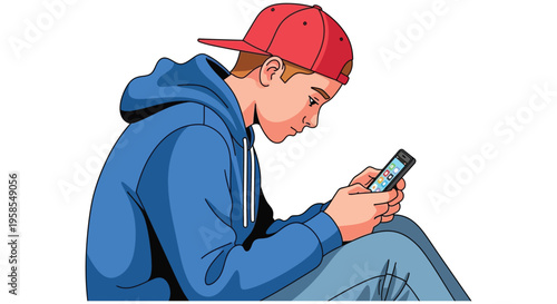 A young man wearing a cap and hoodie looks intently at his smartphone a modern lifestyle silhouette high quality professional detailed