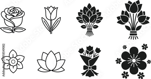 Black and white line art illustrations of various elegant flowers and bouquets