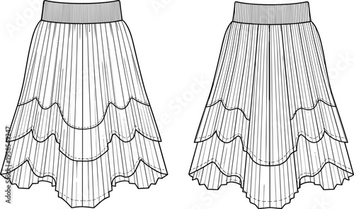 Technical line art illustration of a tiered pleated midi skirt with elastic waistband showing front and back views for fashion
