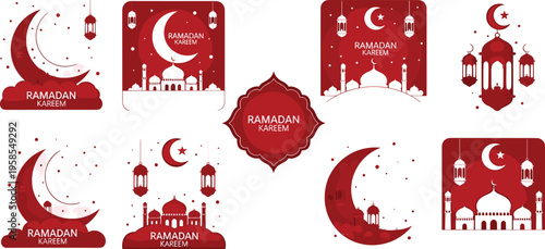 Red and white Ramadan Kareem greeting cards with crescent moons and lanterns