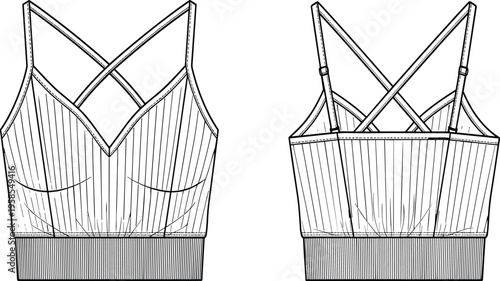 Technical line art illustration of a ribbed sports crop top with cross back straps showing front and back views, apparel.