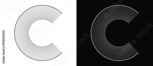 Abstract letter C logo design set with geometric line pattern and halftone effect. Minimalist circular shape vector illustration in black and white styles.