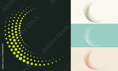 Eco friendly logo set with green halftone dots in circular shape. Abstract symbol for renewable energy, sustainable technology and environmental nature projects on dark background.