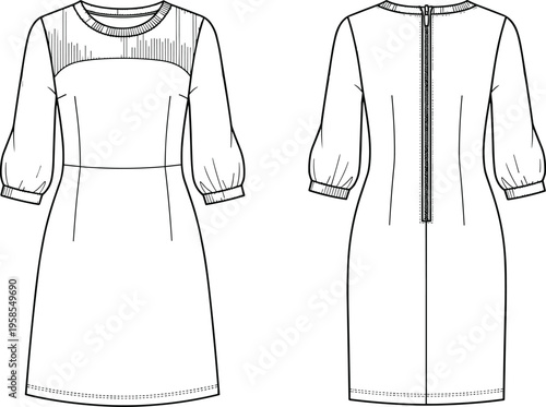 Technical line art illustration of women's three quarter sleeve dress with mesh yoke panel and back zipper, fashion apparel template.
