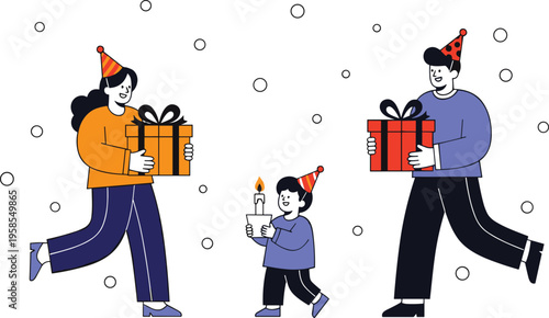 Three People Celebrating with Gifts and a Candle in a Joyful Scene celebration presents