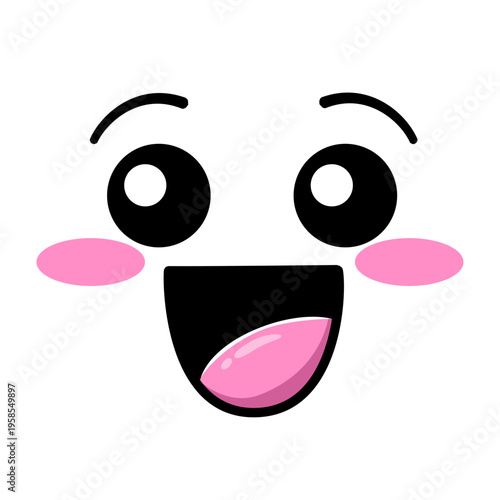 A cartoon face with a big smile and rosy cheeks on a white background