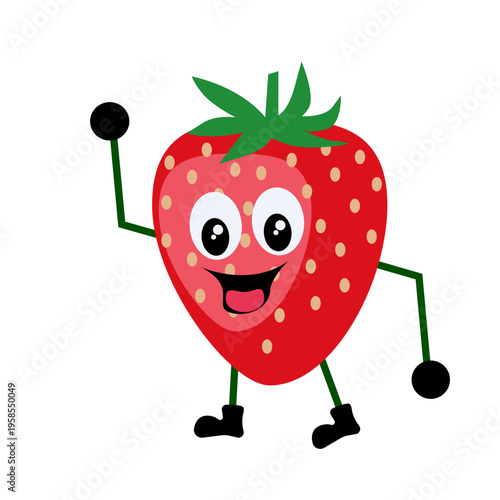 A cheerful cartoon strawberry character with a happy face and green arms and legs