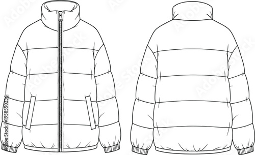 Technical puffer jacket design template vector, quilted winter down coat mockup with front and back view, black white apparel flat sketch.