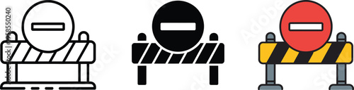 Barrier stop sign icon, block obstacle, striped fence, red road sign, construction warning symbol, restricted highway, travel prohibition pictogram, forbidden way glyph.