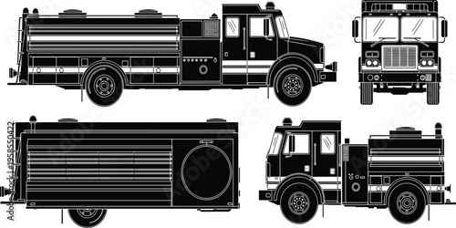 Technical Silhouette Illustration of a Fire Truck Including Side View Front View and Rear Unit for Emergency Services and Logistics