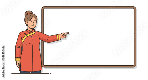 A woman in red points towards a blank whiteboard presenting or explaining information silhouette high quality professional detailed modern elegant stylish