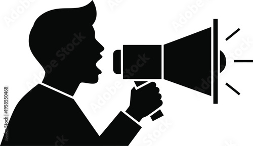 Man shouting into megaphone silhouette, male person announcing message with loudspeaker, black and white vector icon for marketing and communication