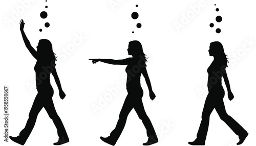 A woman walking silhouette with thought bubbles in a creative illustration