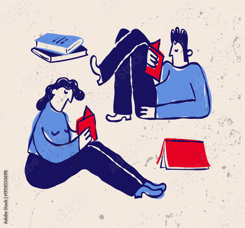 Creative Concept Of People Reading Books With Human Touch In Naive Style