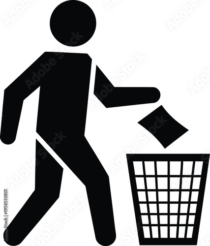 Black trash icon vector, person throwing garbage in bin pictogram, littering prevention sign, waste management symbol for public areas