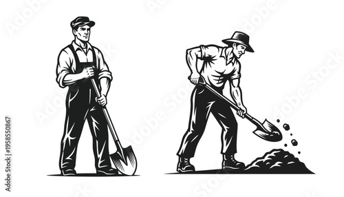 Worker laborer vector illustration with shovel in hand standing and digging