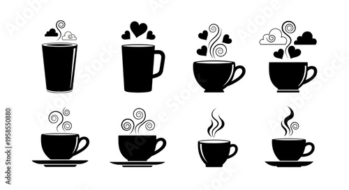 Set of eight black silhouette coffee cups and tall glasses with steam and heart shapes vector illustration on white background